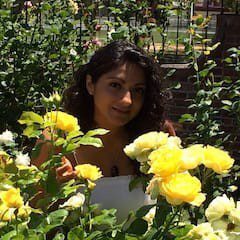 A woman standing in the middle of some bushes with yellow roses.